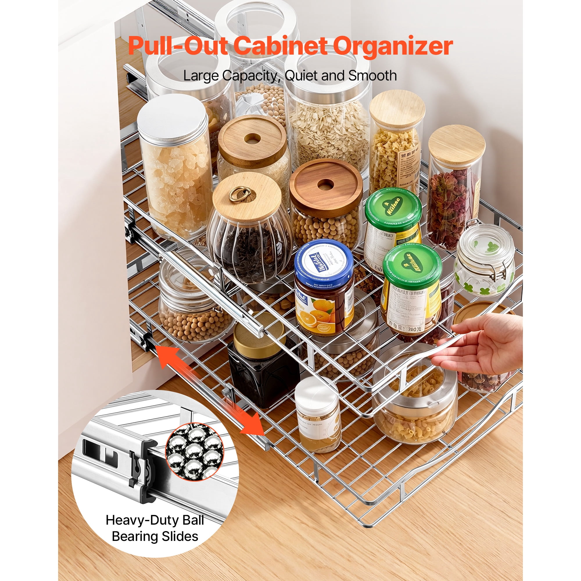 KFFKFF 2-Tier Slide-Out Cabinet Organizer, 14.17"W x 21.06"D, Chrome-Plated Steel Shelves for Kitchen, Bathroom, and Pantry Storage