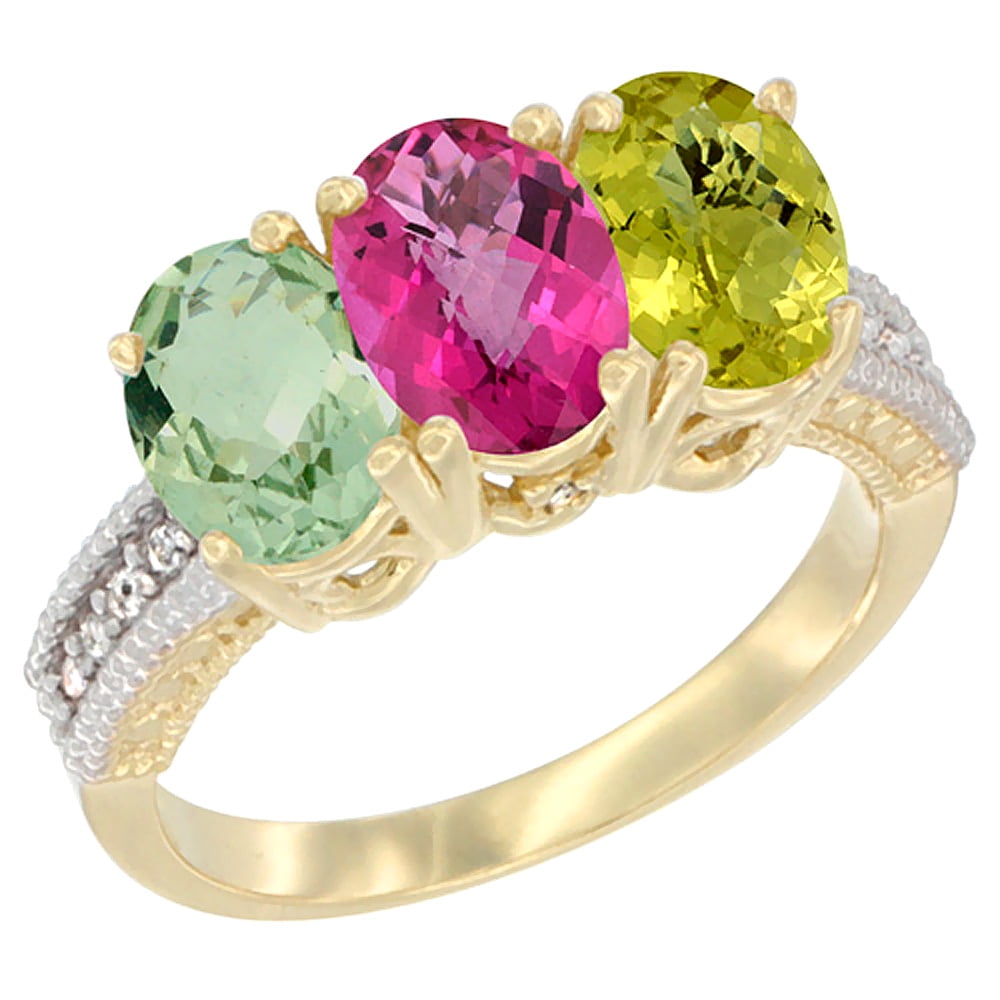 10K Yellow Gold Diamond Natural Green Amethyst, Pink Topaz & Lemon Quartz Ring Oval 3-Stone 7x5 mm,sizes 5-10 by WorldJewels