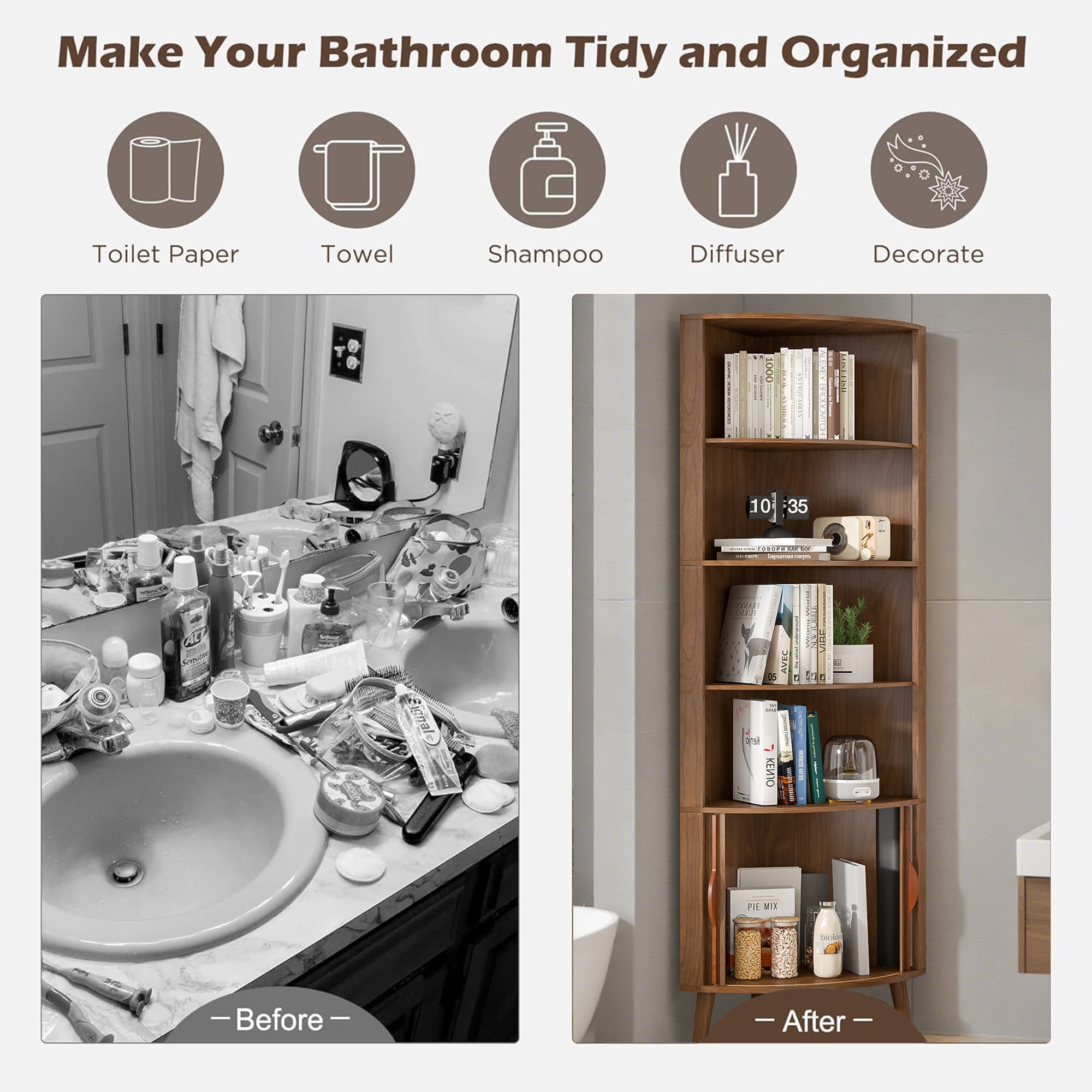Bathroom Tall Corner Cabinet with Doors, Freestanding Corner Storage Cabinet for Kitchen, Living Room, Walnut