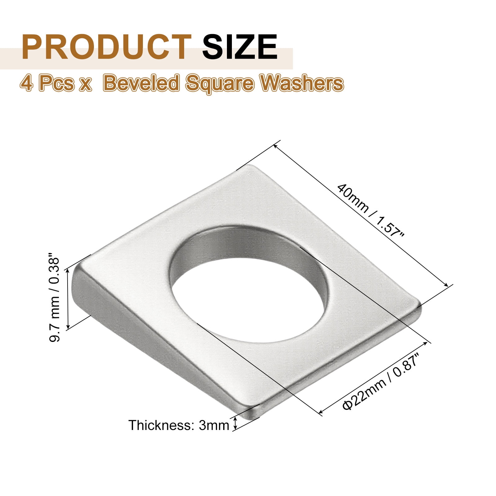 4pcs Beveled Square Washers, M22x40mm Square Beveled Washers Bearing Strut Plate Flat Pad Spacer 304 Stainless Steel for 22mm Bolts Wedge Shim Leveling Fastener Nut Bolt Gasket, Silver