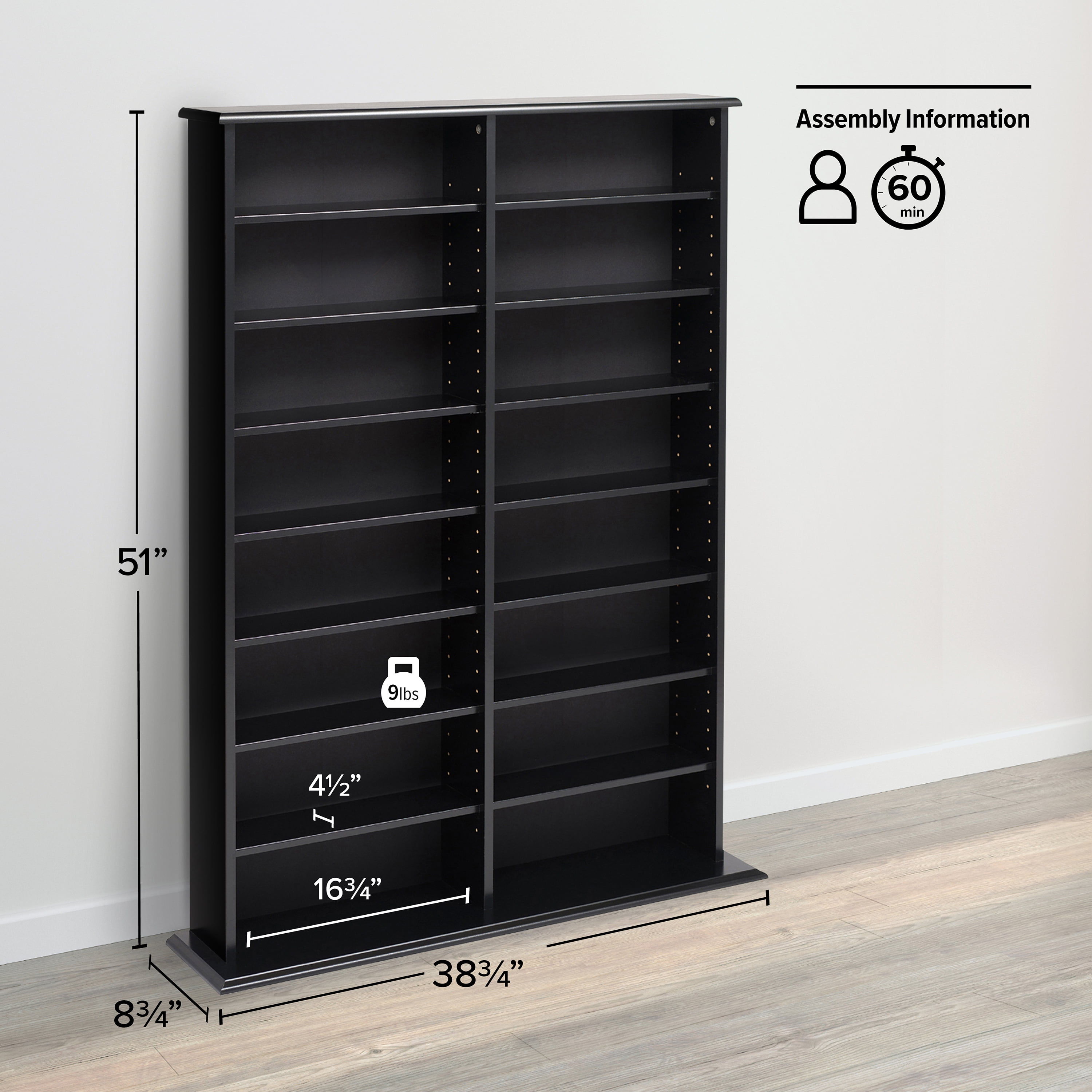 Prepac Double Width Media Storage Cabinet, Adjustable Shelves
