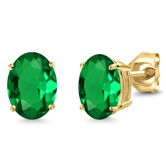 Gem Stone King 14K Yellow Gold Green Nano Emerald Stud Earrings for Women Men (2.00 Cttw, Gemstone February Birthstone, Oval 8X6MM)
