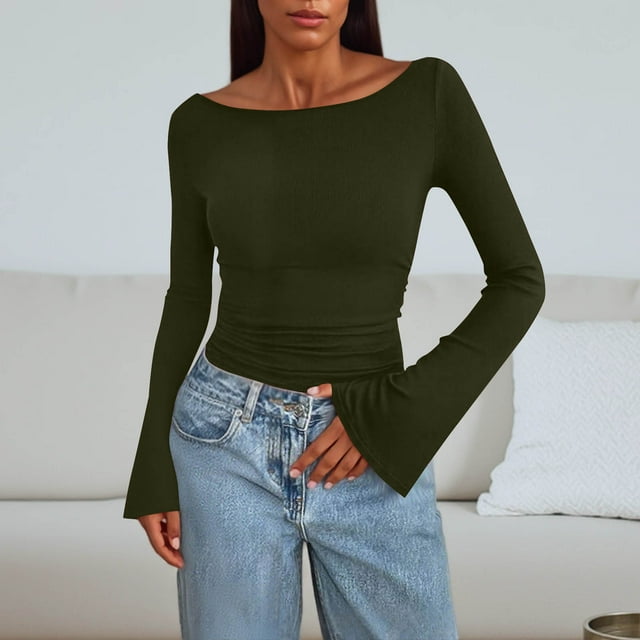 Wensltd Hauts à Manches Longues Noirs pour Femmes Mode Printemps Col Rond Extensible Ajusté