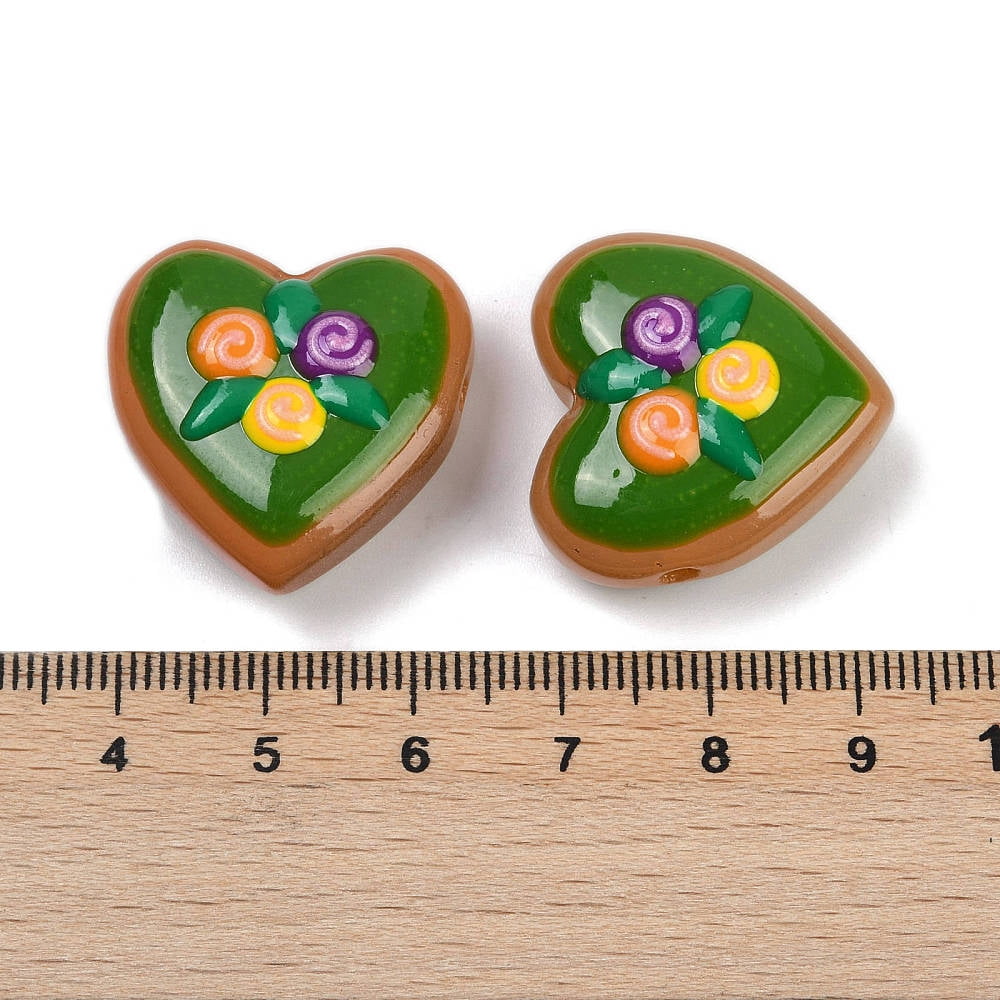 2 strand Handmade Heart Lampwork Beads Strands Flower Green 24~25x24~25x11mm Hole: 1.4mm 15pcs/strand 14.2''(36cm)