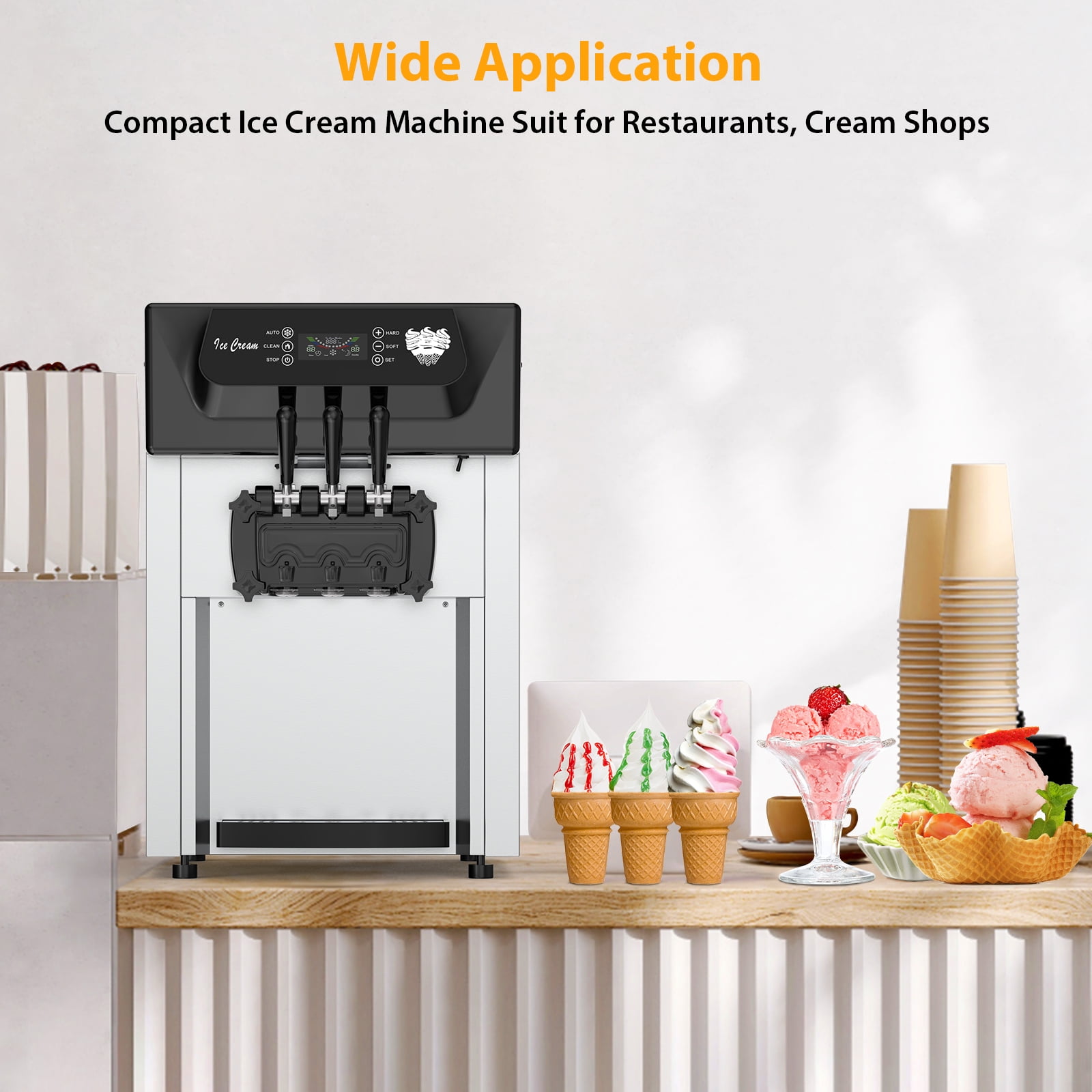 IdealHouse 2+1 Flavor Soft Serve Ice Cream Maker Machine Commercial, 5.3-7.4 Gal/Hr Countertop Soft Serve Machine with LCD Display, Auto Clean Pre-Cooling High Productivity, 2200W