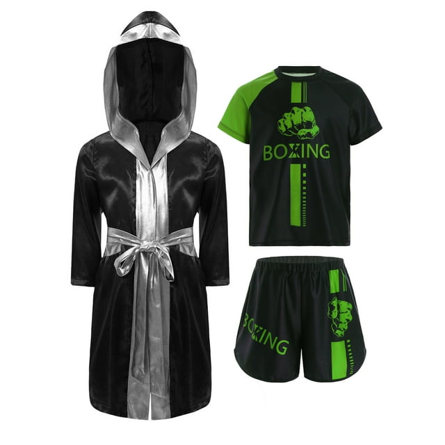 Eandarui Uniforme de Boxe pour Garçons, Tenues de Kickboxing Muay Thai, Robe de Boxe à Capuche en Satin et Ensemble de T-shirts et Shorts Vert 8