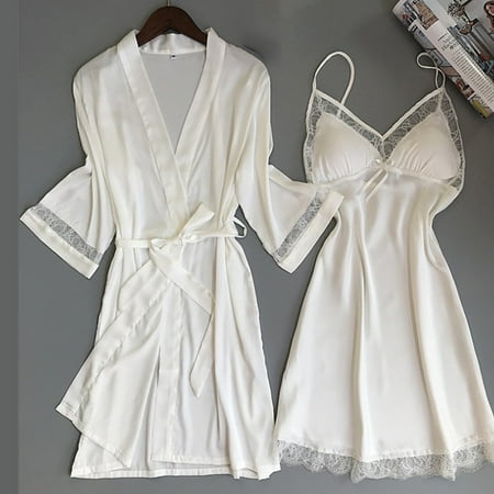 Brilliant Pajamas for Women Plus Size New Satin Silk Pajamas Nightdress Women Robes underwear Sleepwear Lingerie White L