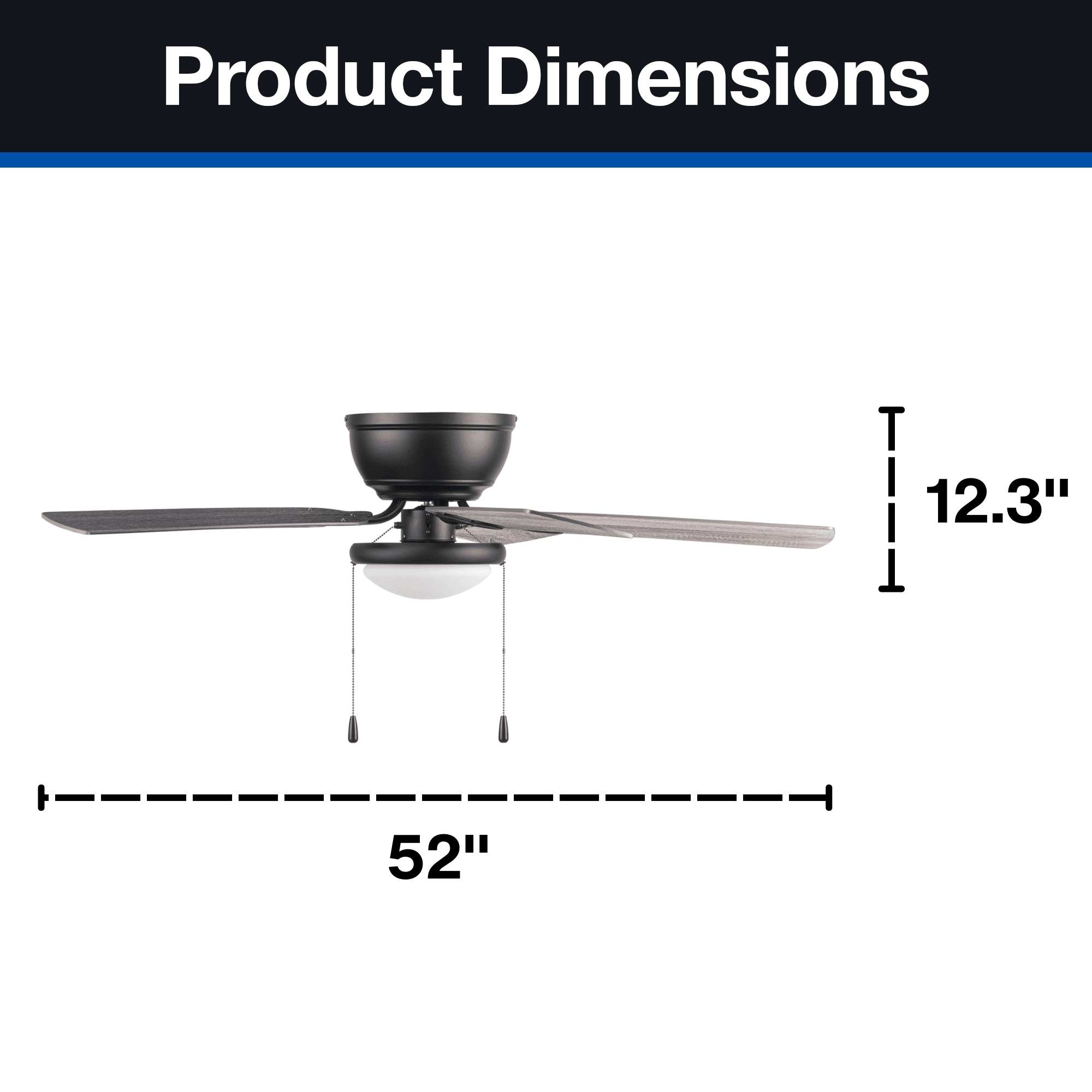 Mainstays 52" Black Traditional Indoor Ceiling Fan with Light, Pull Chain Control & Reverse Airflow