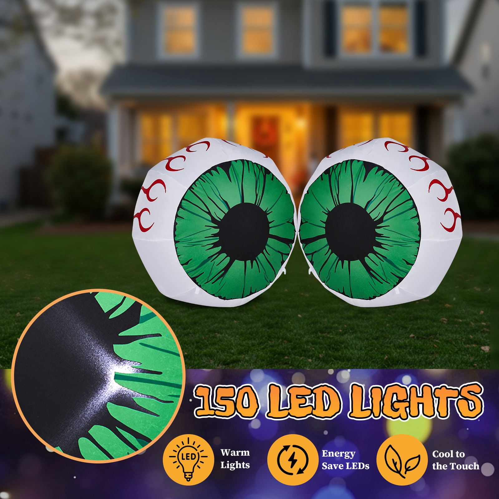 3FT Inflatable Light-Up Green Eyes Halloween Decor with Built-in White LED Lights Waterproof Polyester Blow Up Eyeball Ornament