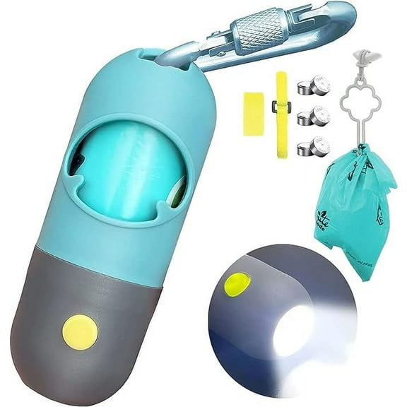 Dog Poop Bag 60pcs  Dispenser with Built-in LED Flashlight and Metal Clip for Leash, Pet Waste Bag Holder, Dog Walking Accessory, Crystal Blue