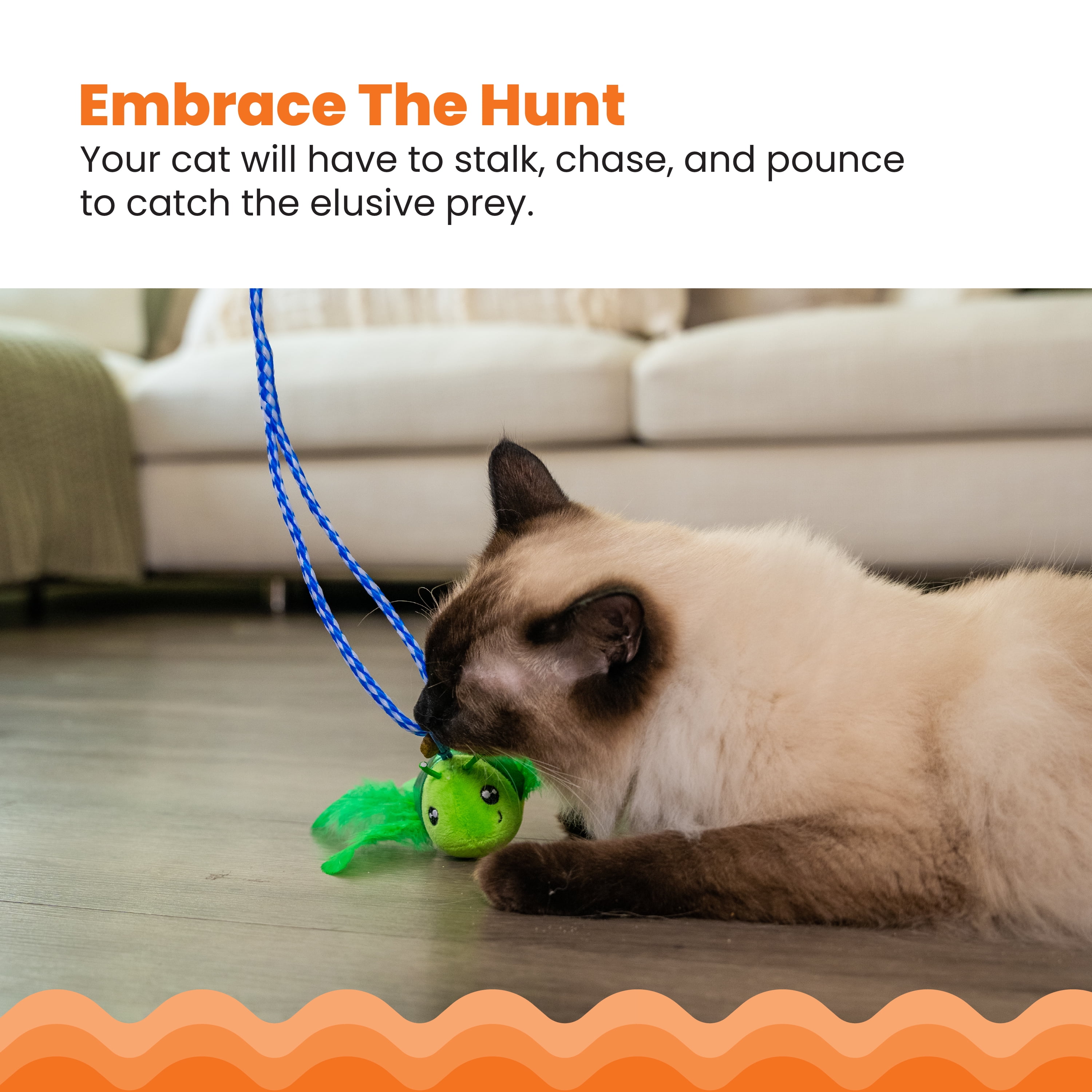 Catstages Tail Teaser Ground Prey Cat Wand Toy for Indoor Cats, Includes 2 Catnip Toys, Crinkle Sounds, Feathers, and Claw-Proof Rope for Interactive Play, Green