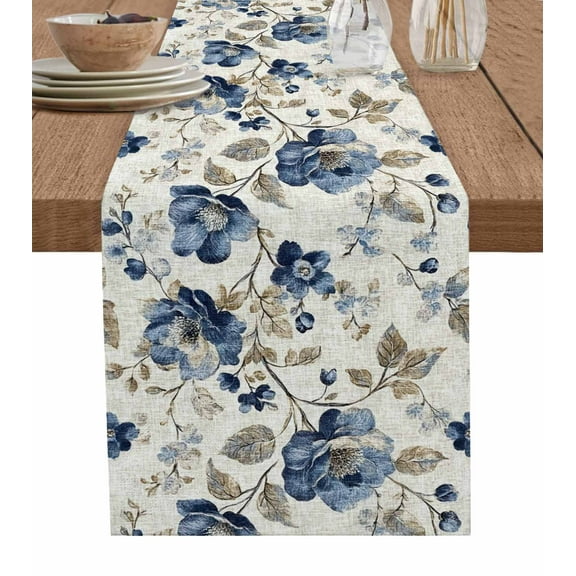 Blue Flowers Table Runner Vintage Flowers Brown Leaves Watercolor Tablerunners 13 x 70 Inch, Table Decorations Tabletop Scarf for Summer Gathering Holiday Farmhouse Kitchen Dining Decor