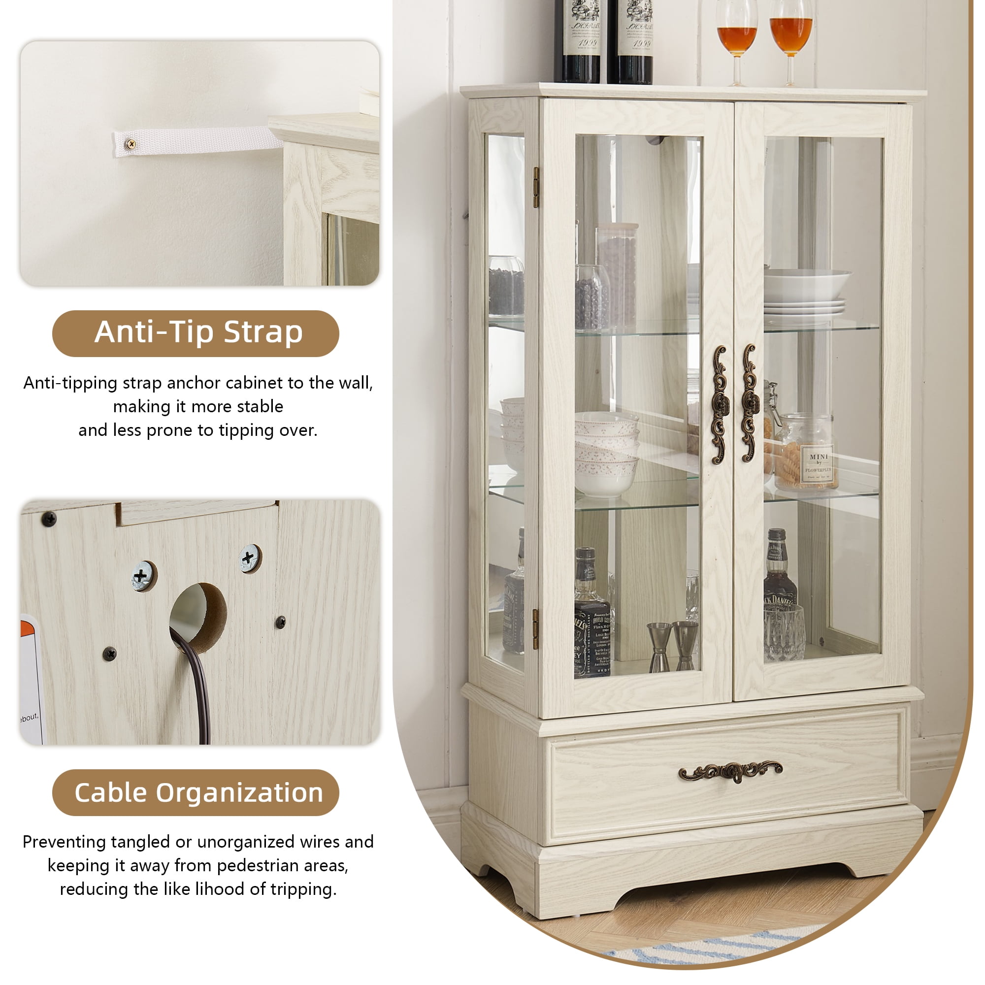 Miniyam Wood Lighted Curio Display Cabinet with Glass Door, White