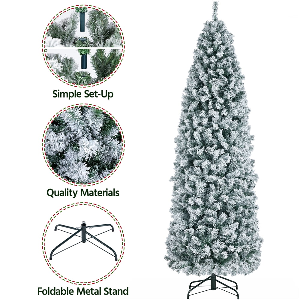 Alden Design 7.5 Ft Unlit Hinged Artificial Spruce Slim Christmas Tree, Frosted White