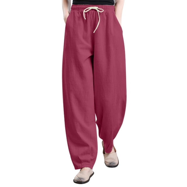 aidice Plus Size Womens Pants Summer Cotton Linen Lightweight Loose Casual Drawstring Pants Pockets