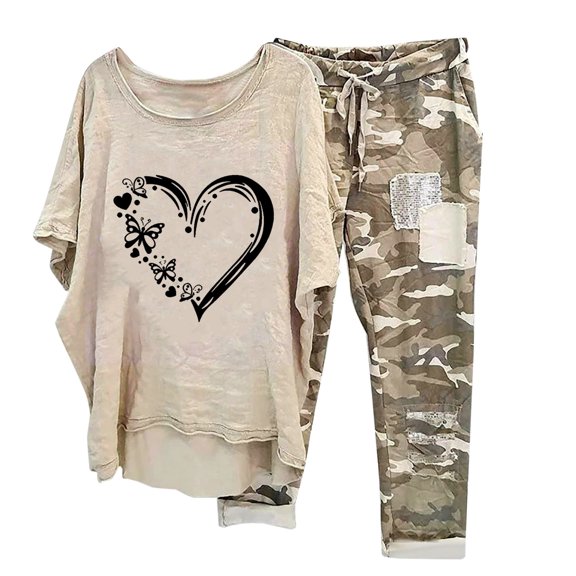 Taylonsss Women's Print Crewneck Half Sleeve Pullover Shirt Tops Pants Trousers Set
