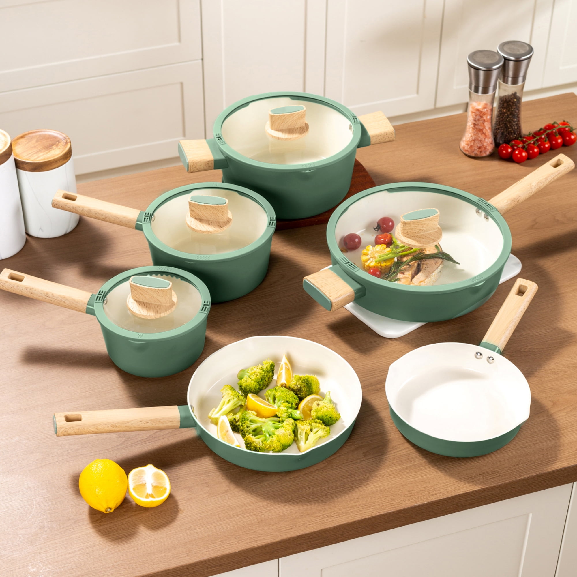 Mainstays Simplicity 10-Piece Aluminum Nonstick Ceramic Cookware Set, Green Sage