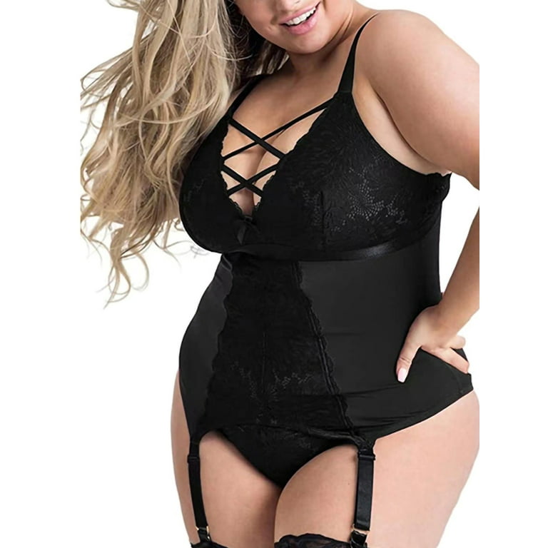 Glonme Ladies Bodysuit Deep V Babydoll One Piece Backless Lingerie Sets  With Garter Belt Women Mini Plus Size Sexy Crotchless Black 2XL 