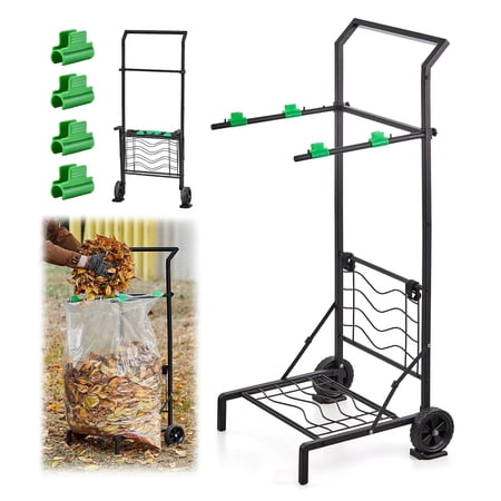 Foldable Leaf Bag Holder Mobile Trash Bag Holder Stand with Removable Arms and Dual Fixing Design Adjustable 30-45 Gallon Portable Lawn Bag Cart for Yard Cleanup Gardening Leaves Camping