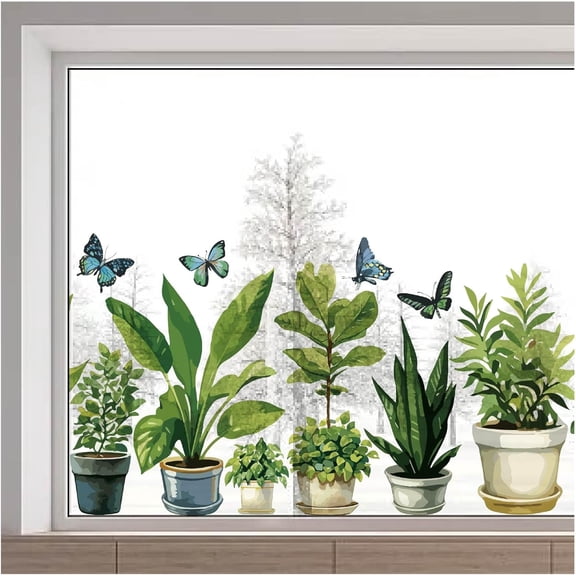 15x46 Green Potted Plants Window Sticker Large Spring Butterfly Botanical Bonsai Plant Removable Static Glass Window Sticker Anti-Collision Cling Decoration for Door Stop Birds Strike