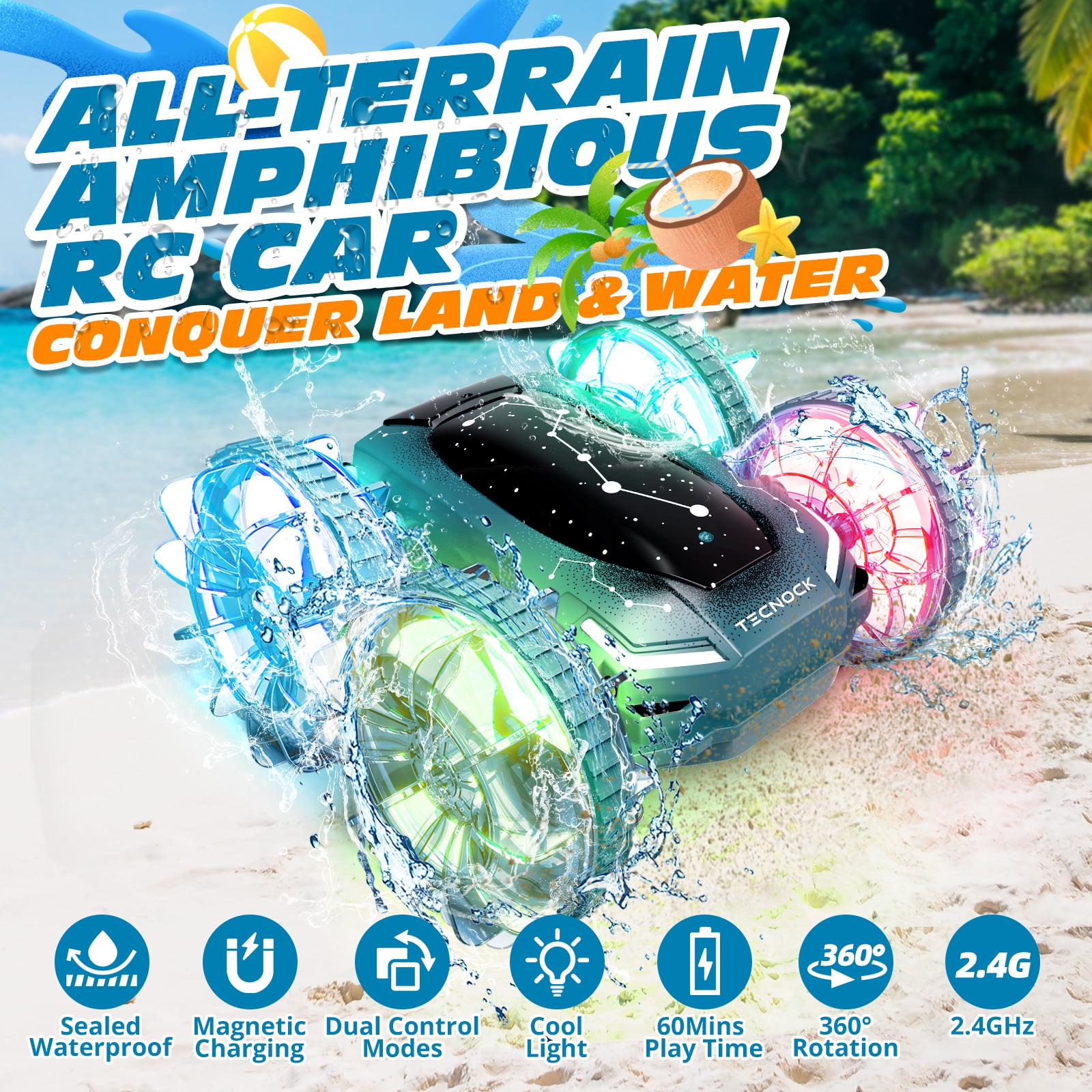 Tecnock Amphibious Remote Control Car Boat, 4WD Gesture RC Cars with Magnetic Charging, 60 Min Playtime, LED Lights, Pool Toys for Kids Ages 6-12, Gift Toys for Boys Girls