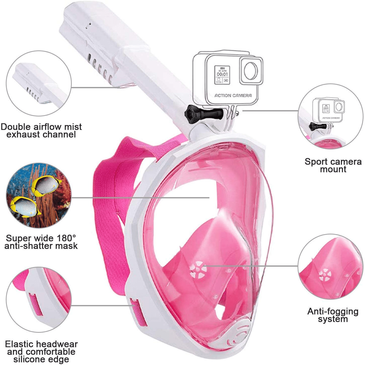 Full Face Snorkeling Mask Anti-Fog/Anti-Leak With Ventilation Tube Pink L/XL 