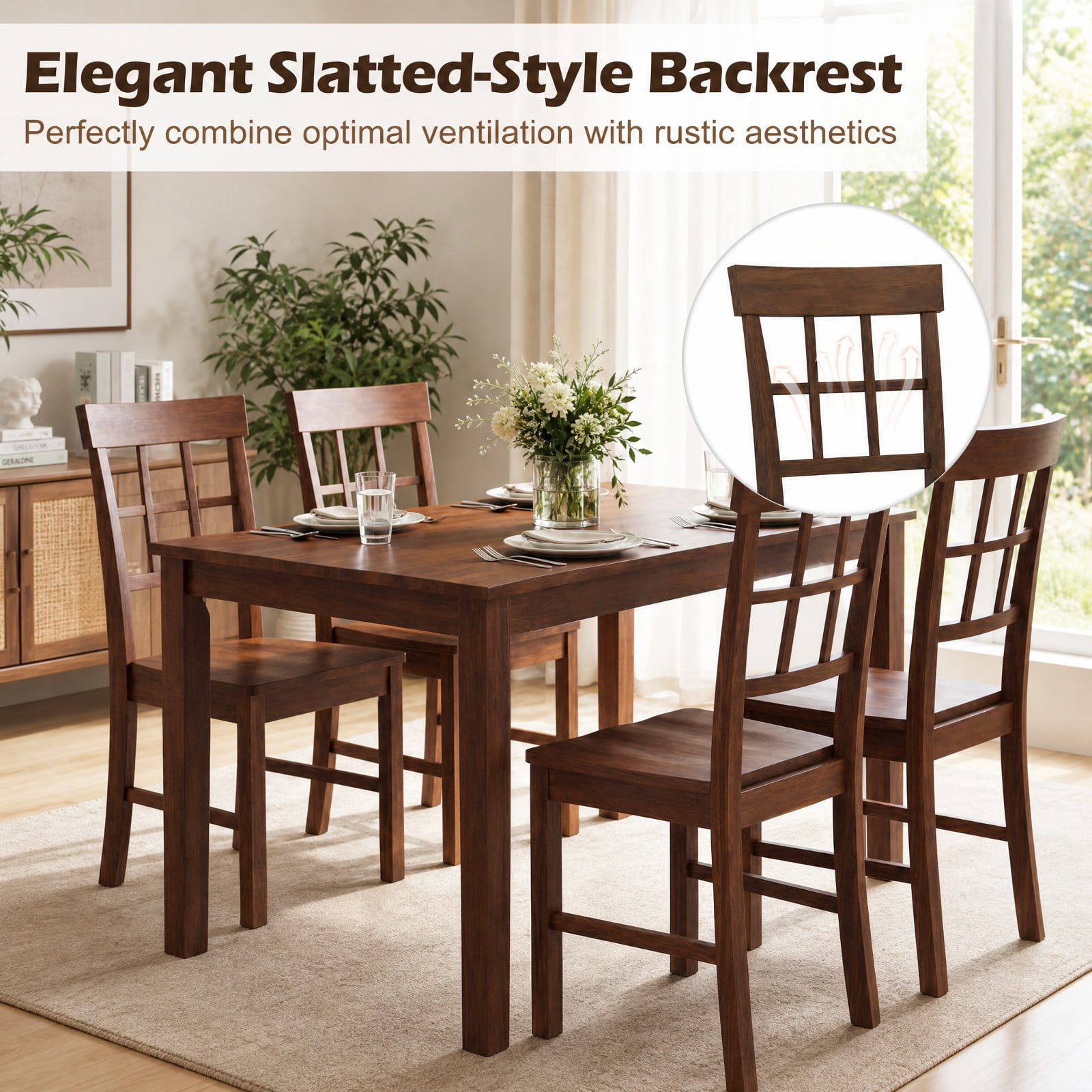 Furnibear Rubber Wood Dining Chairs Set of 2 with High Lattice Backrests for Dining Room Kitchen Study and Reception Room, Brown