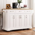 thumbnail image 4 of K&K 54inch Large Kitchen Island with Rubber Wood Drop Leaf, Embossed Texture Rolling Kitchen Cart on 4 Wheels with 4 Doors and 3 Drawers, Kitchen Island with Storage for Kitchen, Dining Room,White, 4 of 10