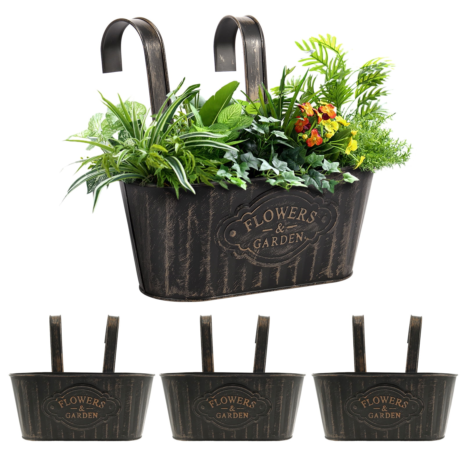 Keyohome 4Pcs Hanging Flower Pots,Metal Wall Planter,Iron Bucket Planter with Detachable Hooks for Indoor Outdoor,Drainage,Rustproof,Black,10.6"