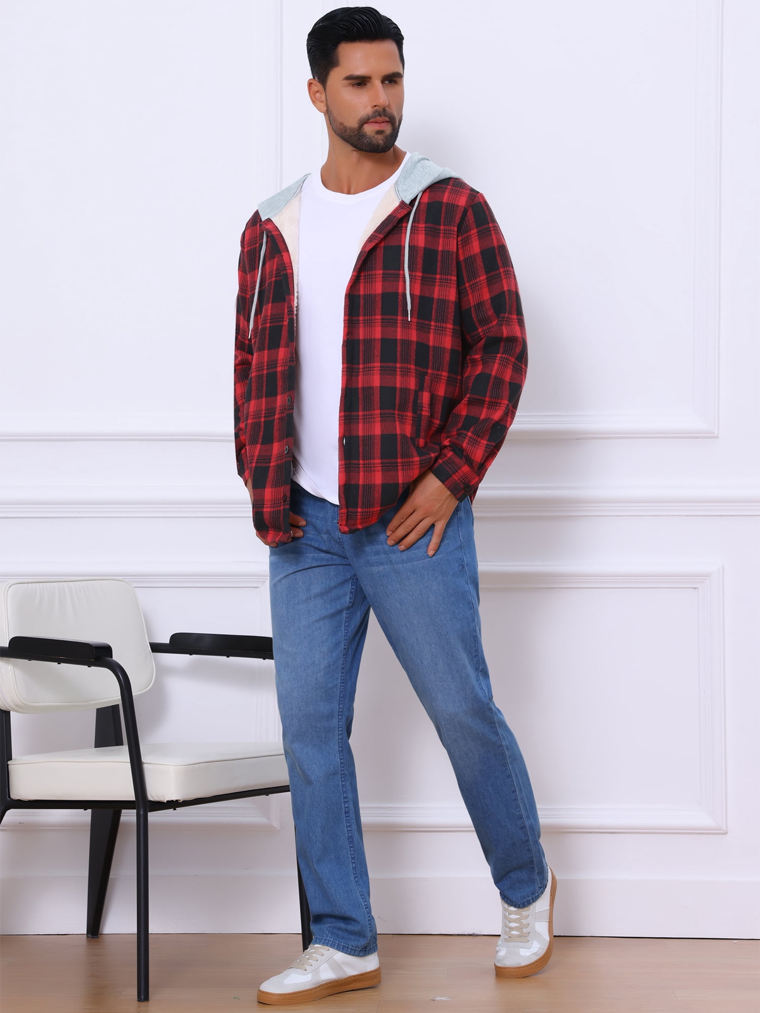 DARING DIVA Men's Fleece Lining Drawstring Hooded Plaid Shirt Jacket L Black Red
