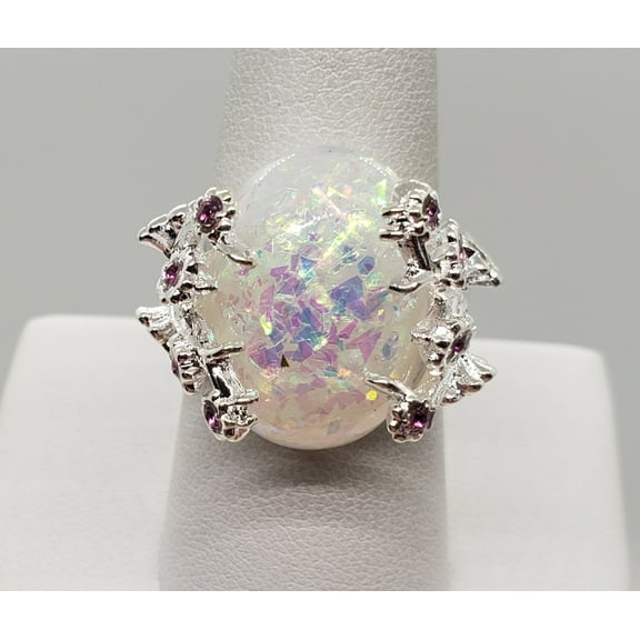 Size 8, White Fire Opal Flower Ring