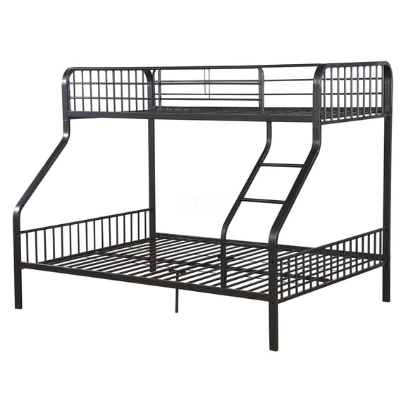 Gunmetal Twin over Queen Bunk Bed with Ladder, Metal Frame Bunkbed with Guardrails for Space Saving