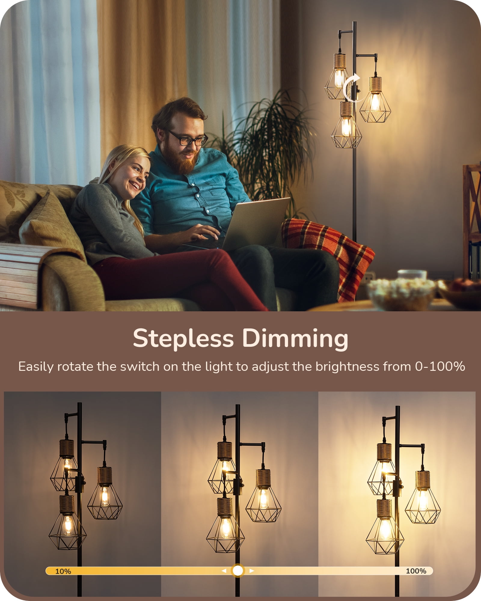 EDISHINE Industrial Rattan Floor Lamps for Living Room Clearance, Dimmable, Metal Three Head Floor Lamp for Bedroom, Office, Black, LED Bulbs Included
