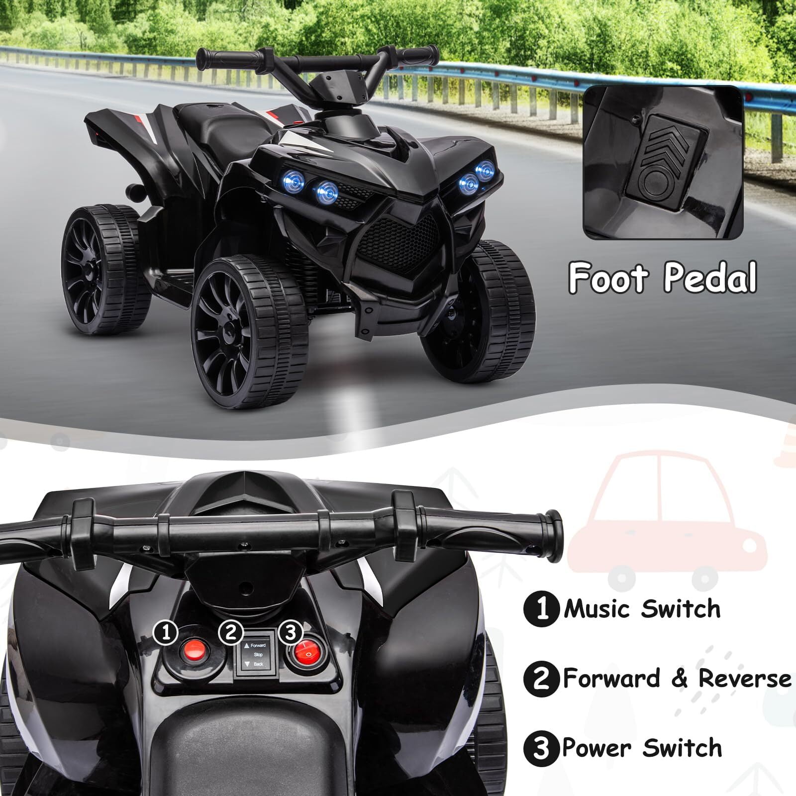Kids ATV 4 Wheeler, 6V Ride-On Car Toy for Children Ages 1-5, 1.8 Mph Max Speed, Music,Led Lights,Electric Vehicle Quad Car for Kids