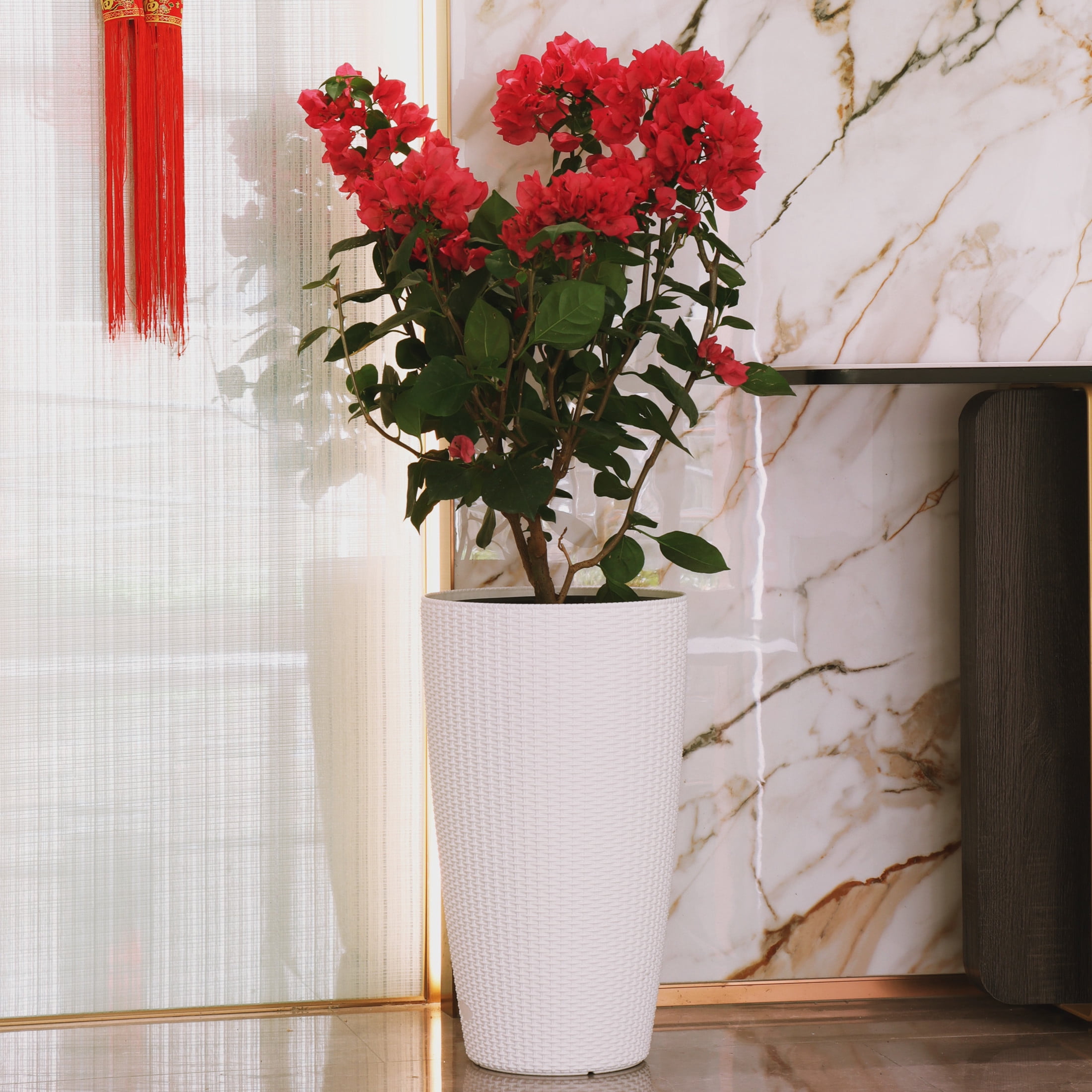 Noble House 2 Pack 22.44" Tall Self-Watering Faux Rattan Planters with Water Level Monitor, White