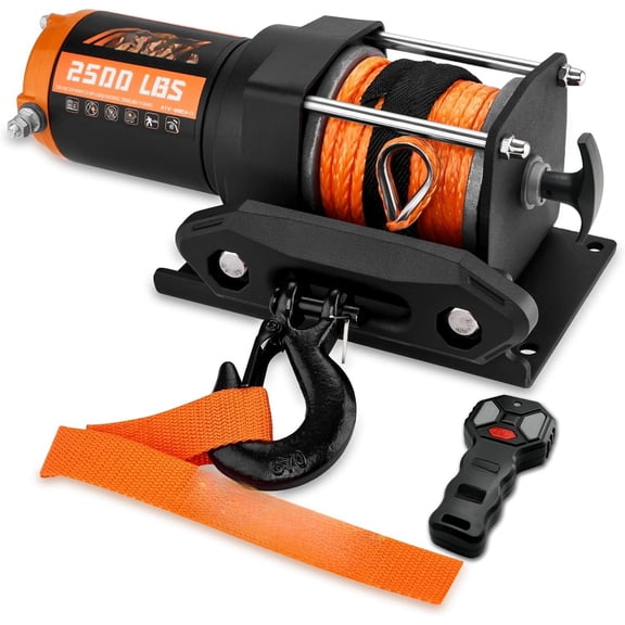 2500 lb ATV/UTV Winch Synthetic Rope Kits, 12V Winch with Remote for Off Road Trailer Boat RV Towing Winches, Winch with Mounting Plate and Wired Remote