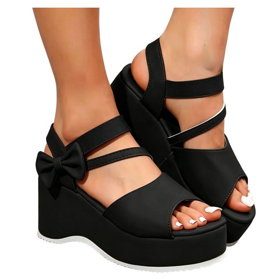 Rokment Womens Bow Platform Wedge Dressy Sandals Fashion Casual Leather Open Toe Ankle Strap Chunky Heeled Dress Summer Shoes for Bride Wedding Business Black Size 6