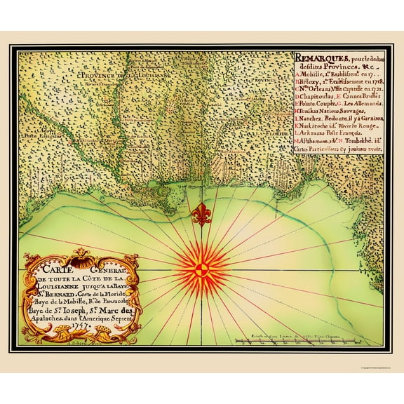 Historic State Map - United States Gulf Coast - de Batz 1747 - 23 x 27.11 - Vintage Wall Art