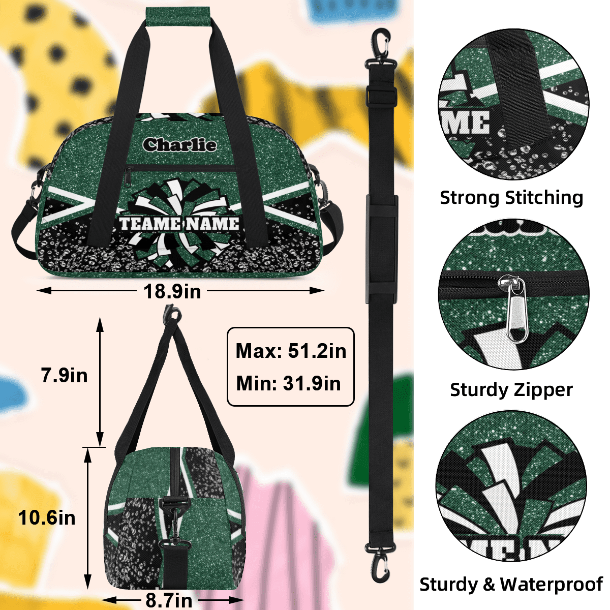 Personalized Cheerleader Bag Dance Bag, Custom Team Bag Gym Bag Sport Duffel Bag, Weekender Bags Travel Bag for Cheer Team Dark Green Glitter