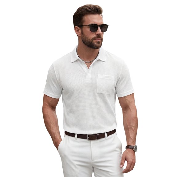 Telankuip Summer Color Block Waffle Short Sleeve Polo Shirts for Men Casual Textured Quarter Button Collar Comfortable Breathable Top Dress Business Work Shirt with Pocket White XL