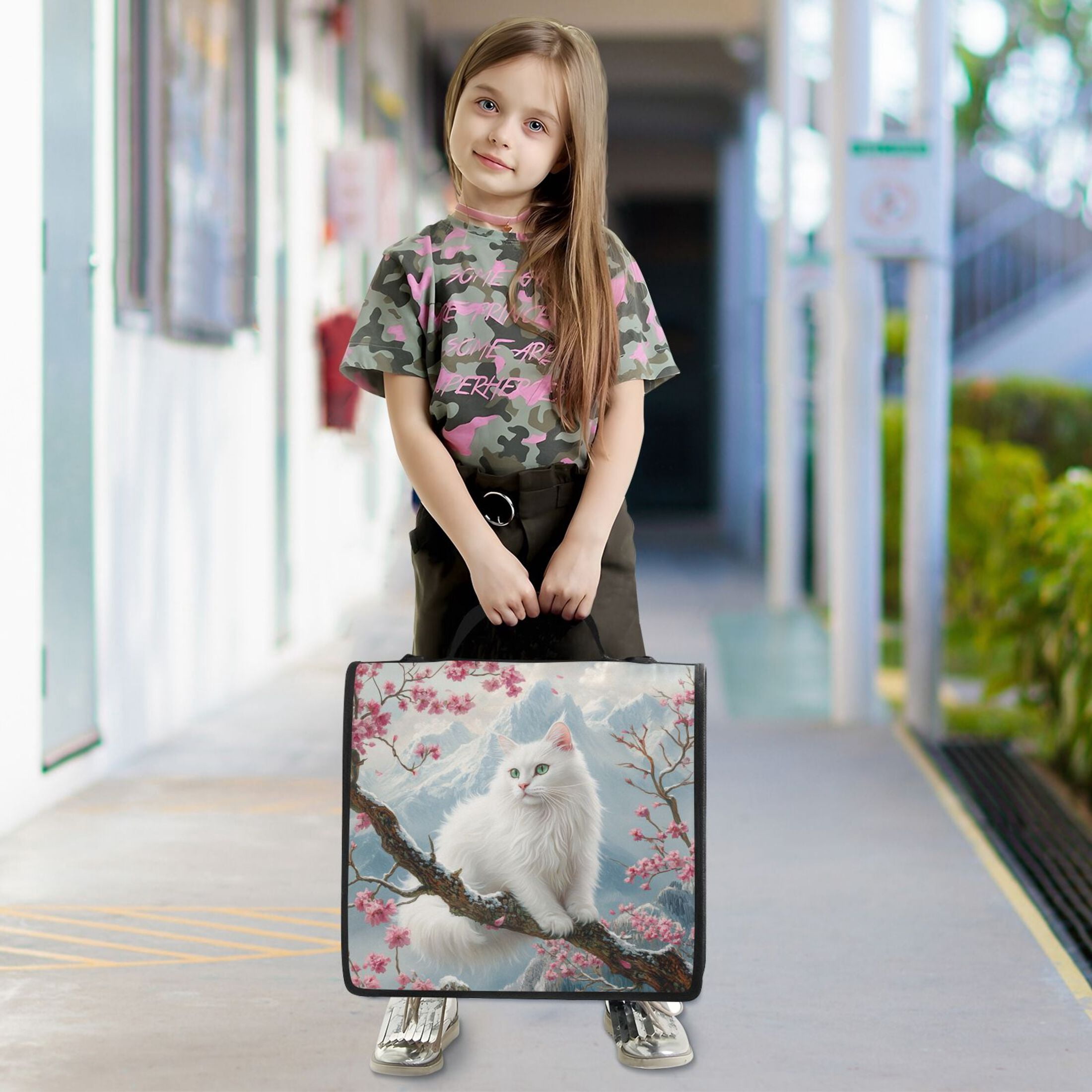 YAZAOO Zipper Binder trapper keeper Documents Organized Design White Cat on Cherry Blossom Branch Printed