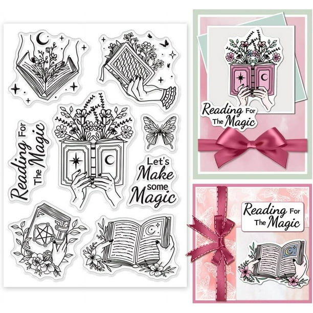 Sellos transparentes de silicona con diseño de flores para libros de mano.