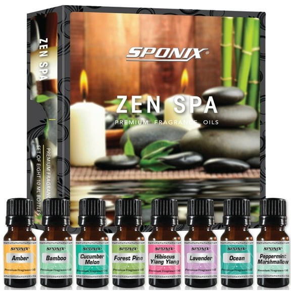 Zen Spa Fragrance Oils 8 X 10 ml (0.33 fl oz) - 100% Pure - Ocean, Lavender, Bamboo, Amber, Cucumber Melon, Peppermint Marshmallow, Forest Pine, Hibiscus Ylang Ylang Essentials Gift Set of 8 by Sponix