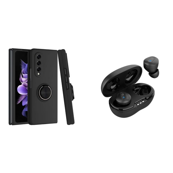 BEMZ Magnetic Ring Car Mount Holder Stand Protective Case (Black) with Noise-Cancelling Wireless Earbuds with Charging Case for Samsung Galaxy Z Fold 4 5G