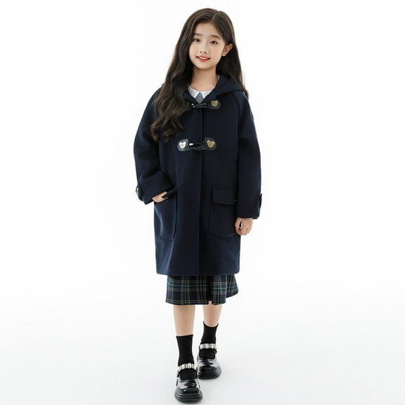 BRGZLK Girls Coat Winter Outfit Thickened Wool Coat British College Style Warm Mid-length Style Warm Casual Outwear Navy 5-6 Years