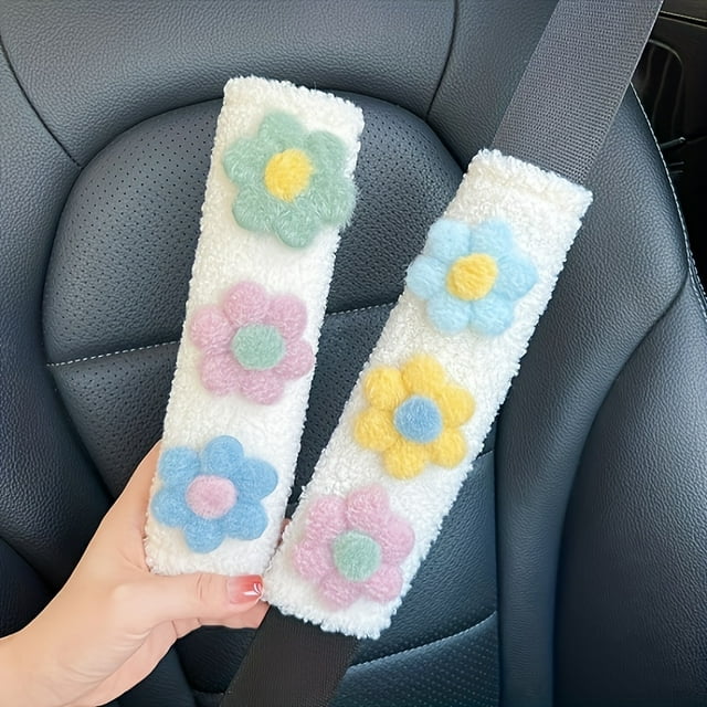 2pcs Cute & Elegant Flower Car Seat Belt Shoulder Protectors - Creative Plush Insurance Covers