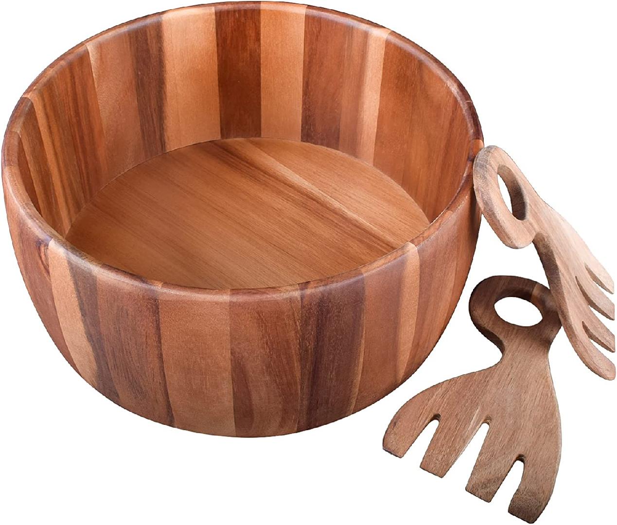 Wood Salad Bowl with Salad Hands, Large 12 5/8 inch Acacia Wooden Salad