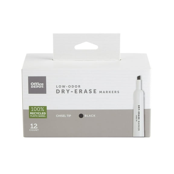 Office Depot Low-Odor Dry-Erase Markers, Chisel Point, Black, Pack Of 12, BY1066-BK
