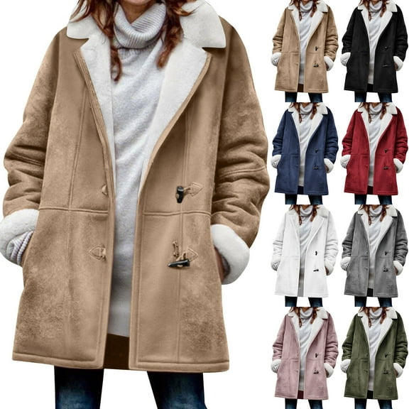 Aboser Faux Suede Coats for Women with Horn Button Down Jackets Plus Size Sherpa Fleece Lined Pea Coats Winter Thermal Notch Collar Jacket Outerwear with Pockets