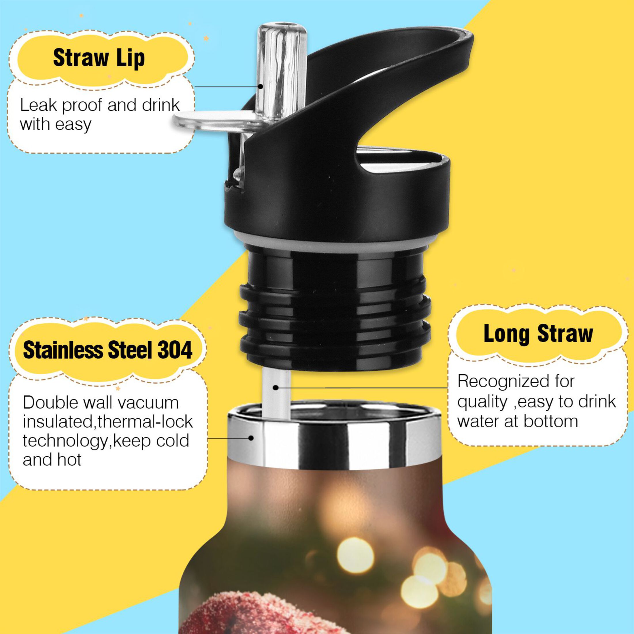 600ML Stainless Steel Insulated Cup Sports Water Bottle Portable Thermos Cup Water Glasses Insulated Tumblers Convenient and Durable Warm Cute Gingerbread Man